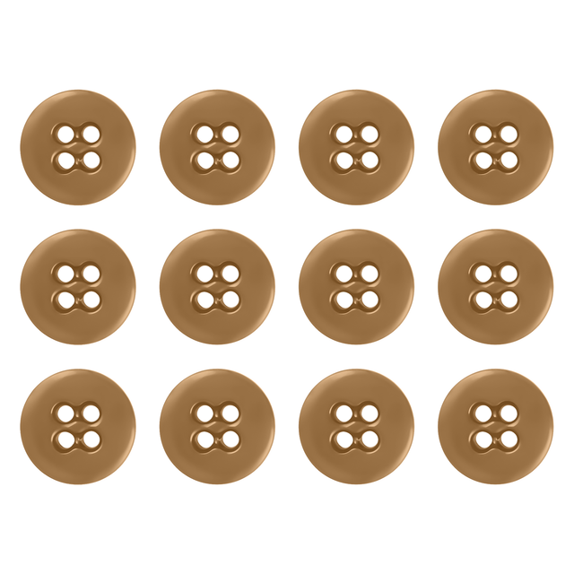 Twelve Suspender Brace Pant Buttons, brown with four holes, are neatly arranged in a 3 by 4 grid on a white background.