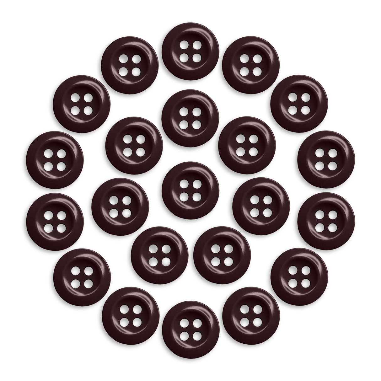 Twenty-one Work Shirt Buttons in dark brown are arranged in a circle on a white background.