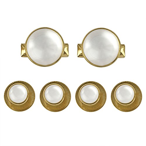 The Tuxedo Shirt Studs and Cufflinks set includes two gold cufflinks and four matching shirt studs with white circular centers, ideal for tuxedo shirts. Displayed on a white background.