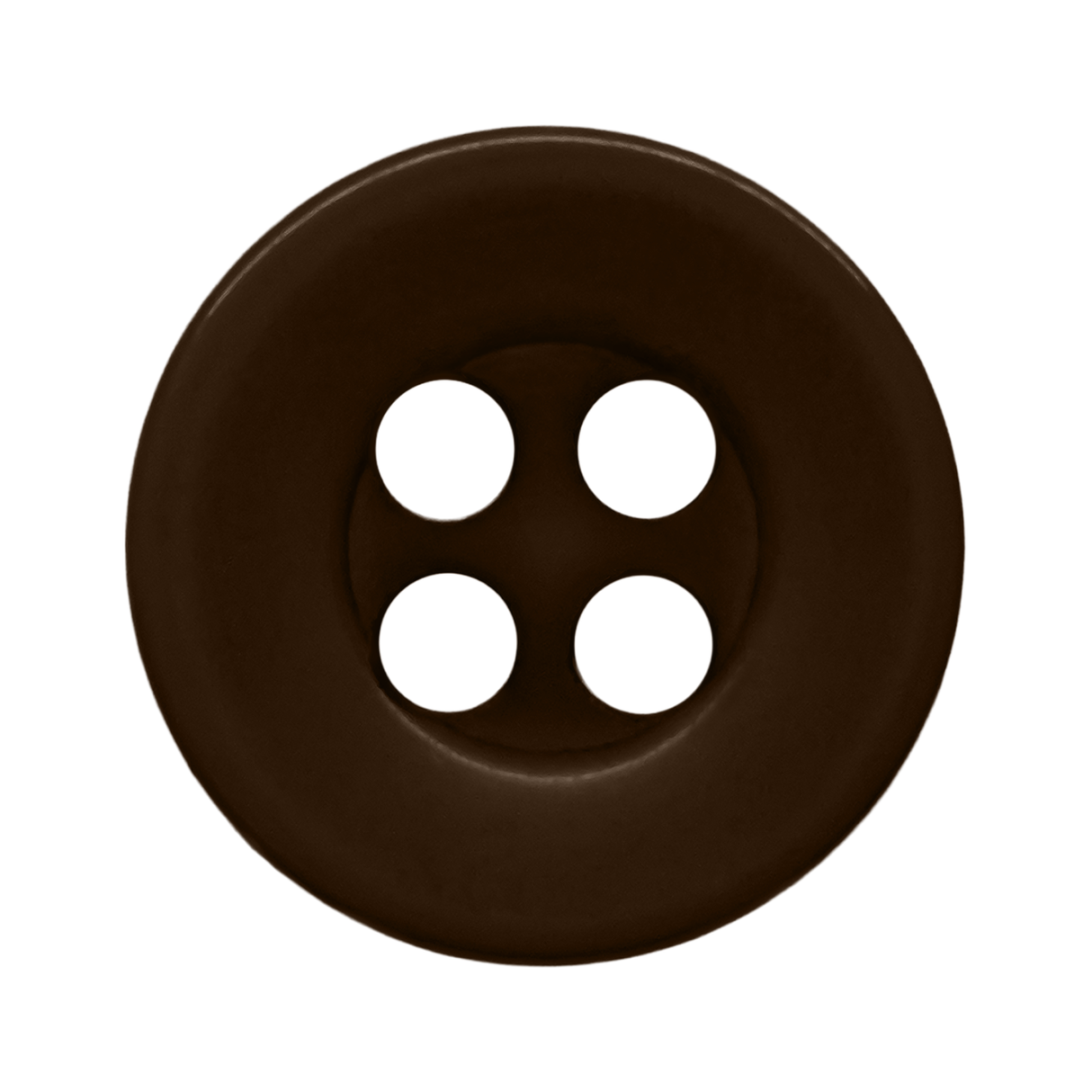 A round, dark brown, four-hole button made of durable nylon—ideal for workshop uniform shirts—shown from above on a white background.