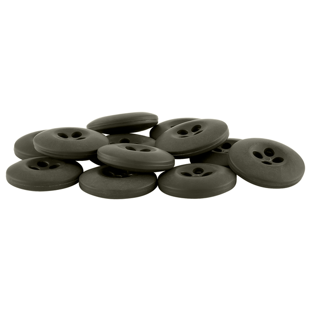Tactical Buttons: black, four-hole melamine uniform buttons scattered on a white background.