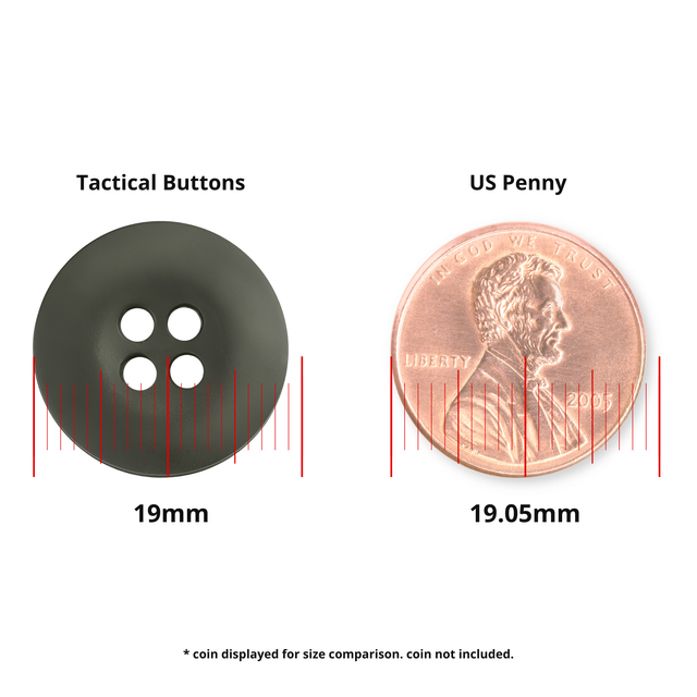 A Tactical Button (19mm, black melamine) is shown beside a 19.05mm US penny for size comparison.