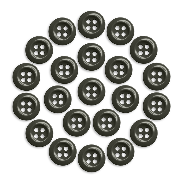 Twenty Work Shirt Buttons, black with four holes each arranged in a circular pattern, displayed on a white background.
