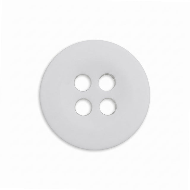 A Uniform Shirt Button—round, white, and featuring four holes—rests on a plain white background, making it an ideal replacement for uniform shirt buttons.