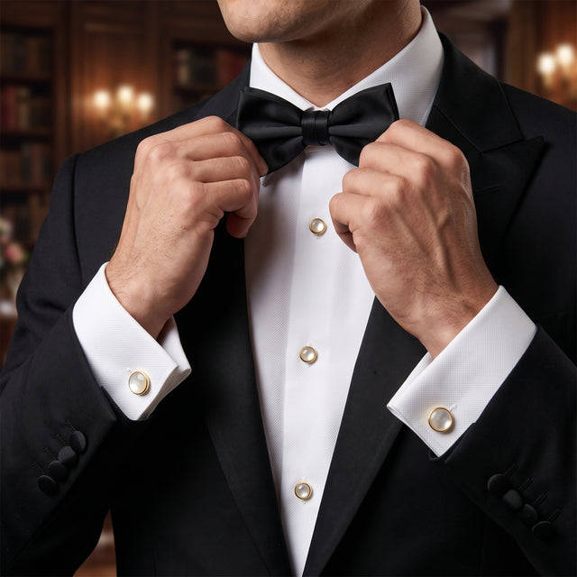 A man adjusts a black bow tie while wearing a black tuxedo, a crisp tuxedo shirt, and the Tuxedo Shirt Studs and Cufflinks in gold stainless steel, highlighting his refined taste in an elegant room.