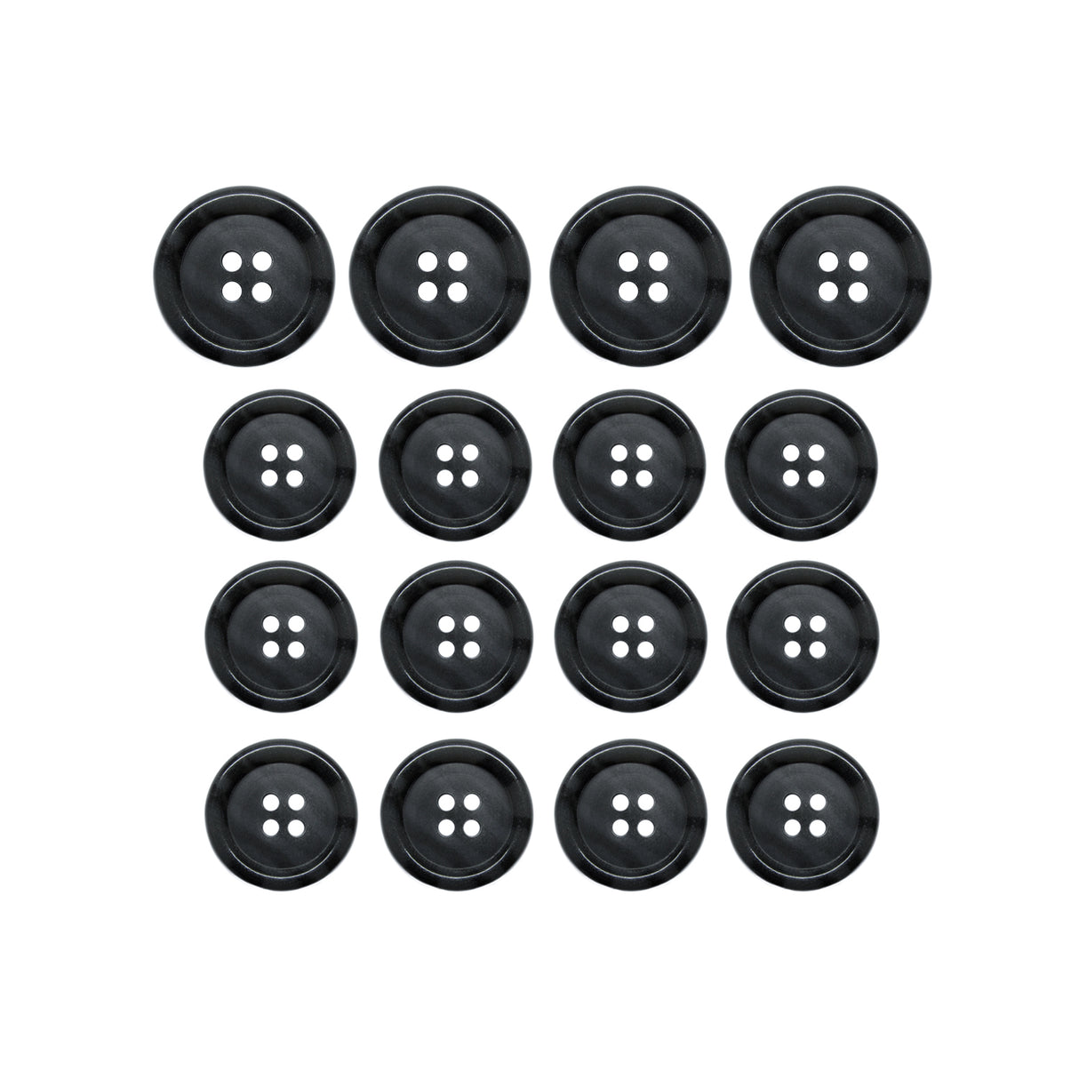 Fifteen Luxury Suit Buttons, black and four-holed, are arranged in a neat grid on a white background.