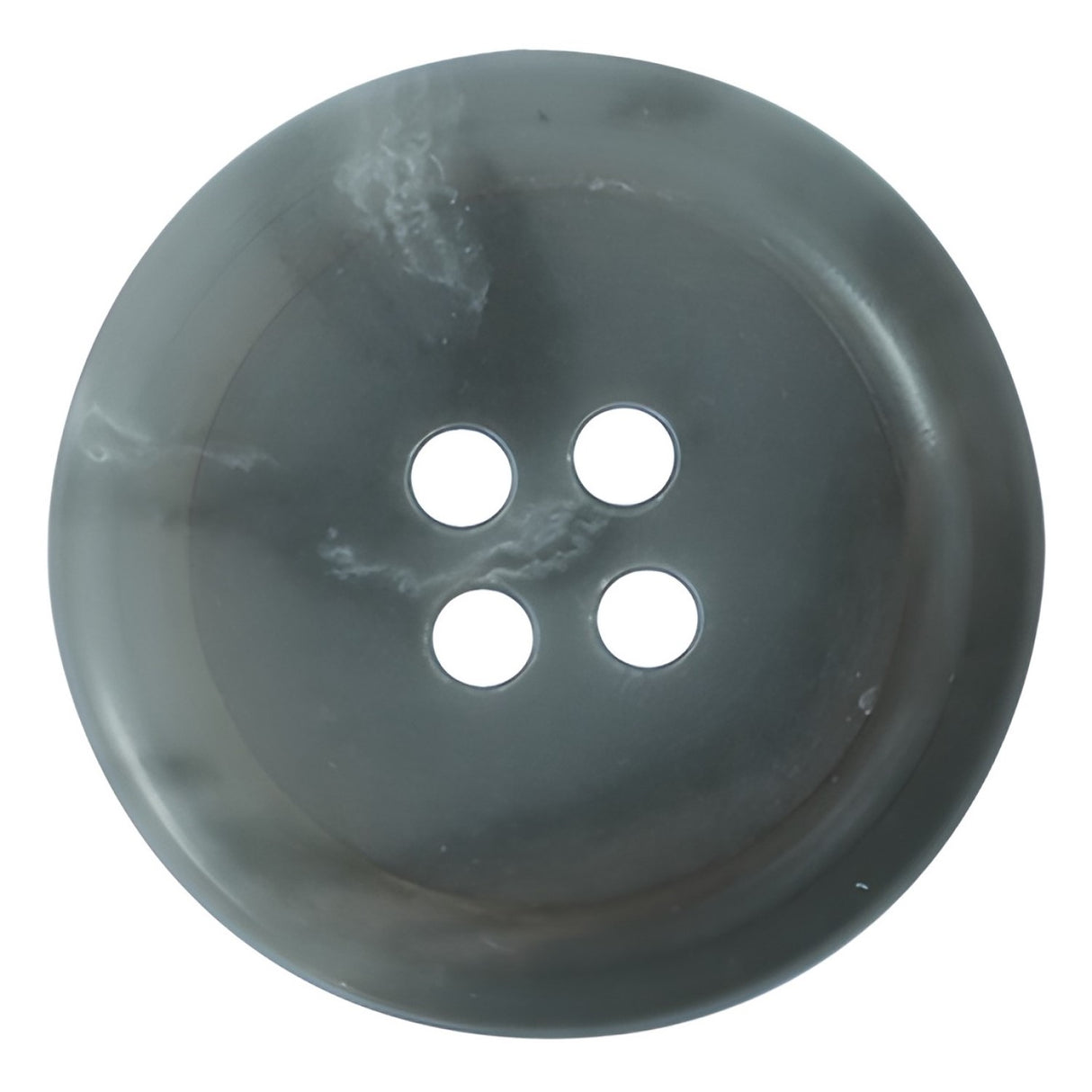 A round, gray, four-hole Vegan Faux Horn Suit Button with a glossy finish on a white background—an ethical choice for eco-conscious sewing projects.
