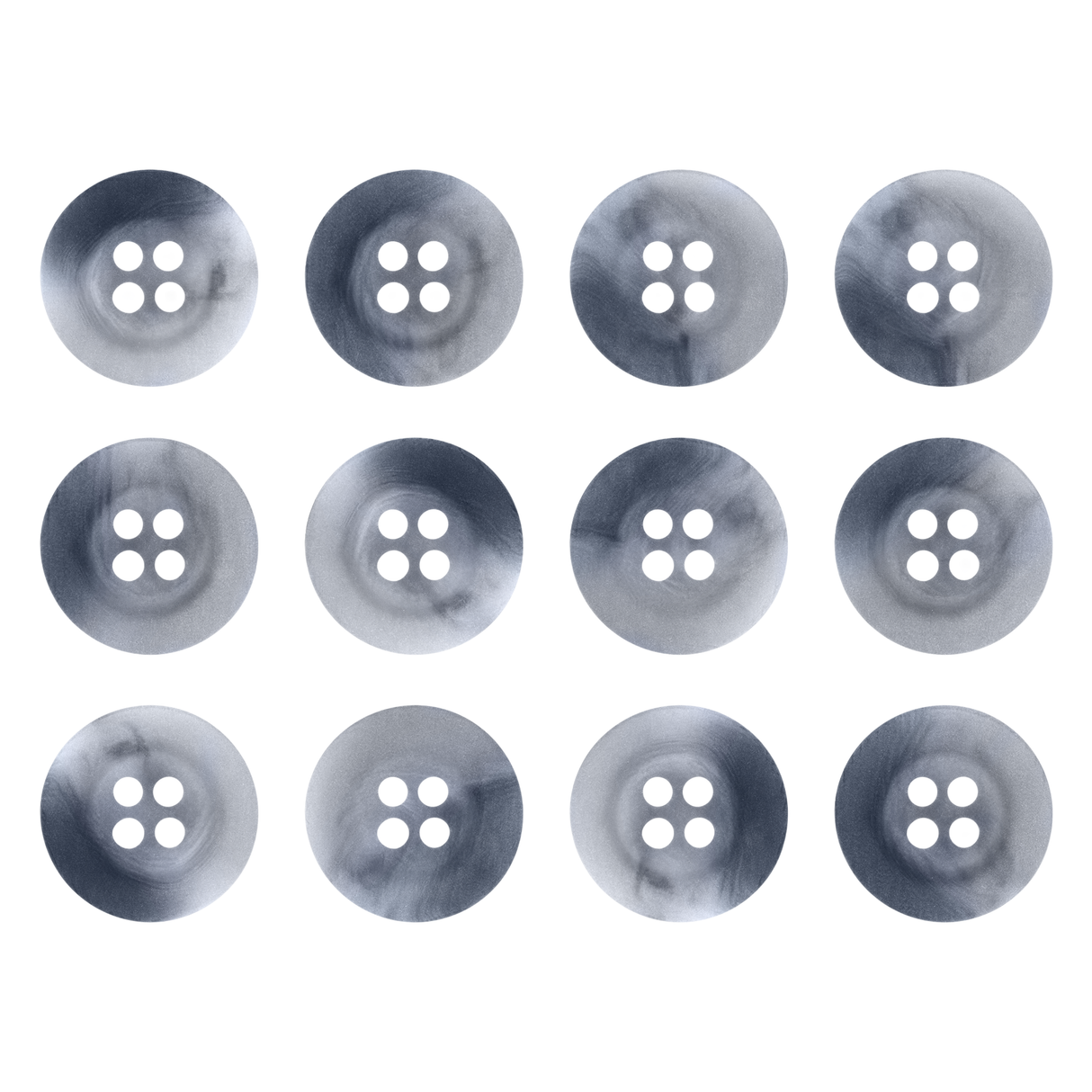 Twelve Khakis, Chinos and Casual Cotton Pant Buttons with four holes, gray in color, arranged neatly on a white background.