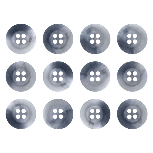 Twelve Khakis, Chinos and Casual Cotton Pant Buttons with four holes, gray in color, arranged neatly on a white background.