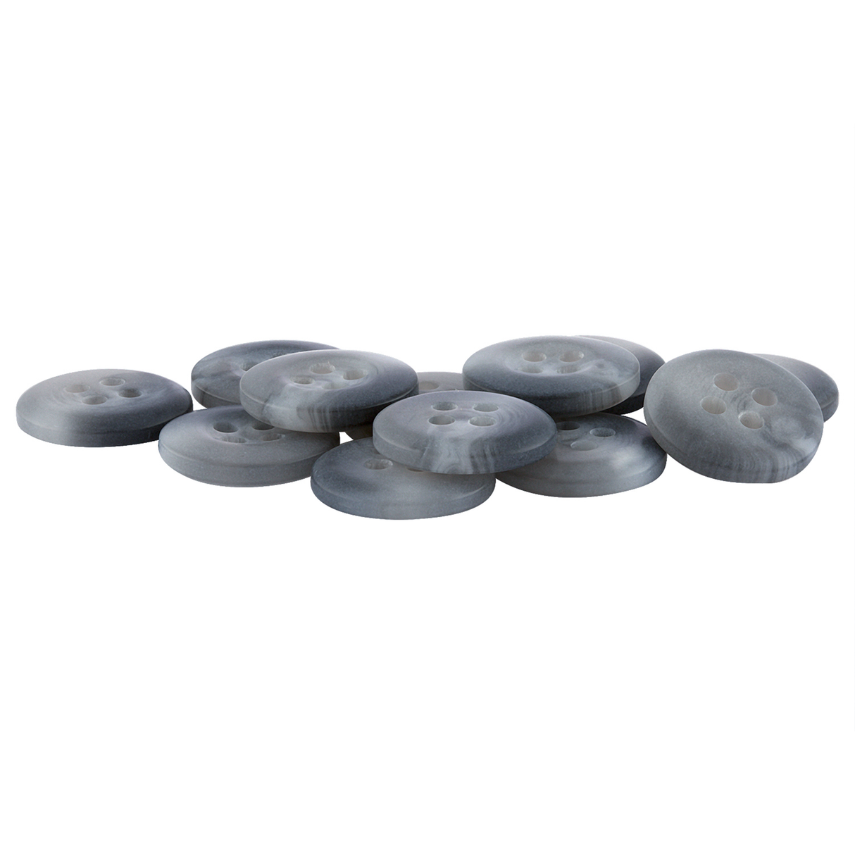 A pile of round, gray Khakis, Chinos and Casual Cotton Pant Buttons with four holes on a white background.
