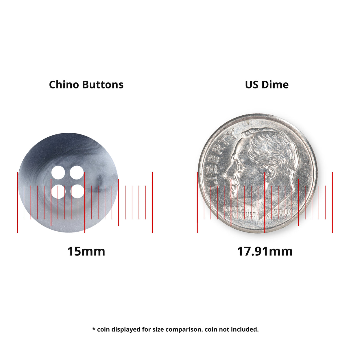 A 15mm Khakis, Chinos and Casual Cotton Pant Button made from durable nylon for black pants is shown next to a 17.91mm US dime for size reference, with measurement lines included.