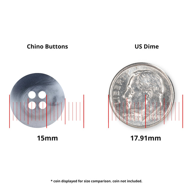A 15mm Khakis, Chinos and Casual Cotton Pant Button made from durable nylon for black pants is shown next to a 17.91mm US dime for size reference, with measurement lines included.