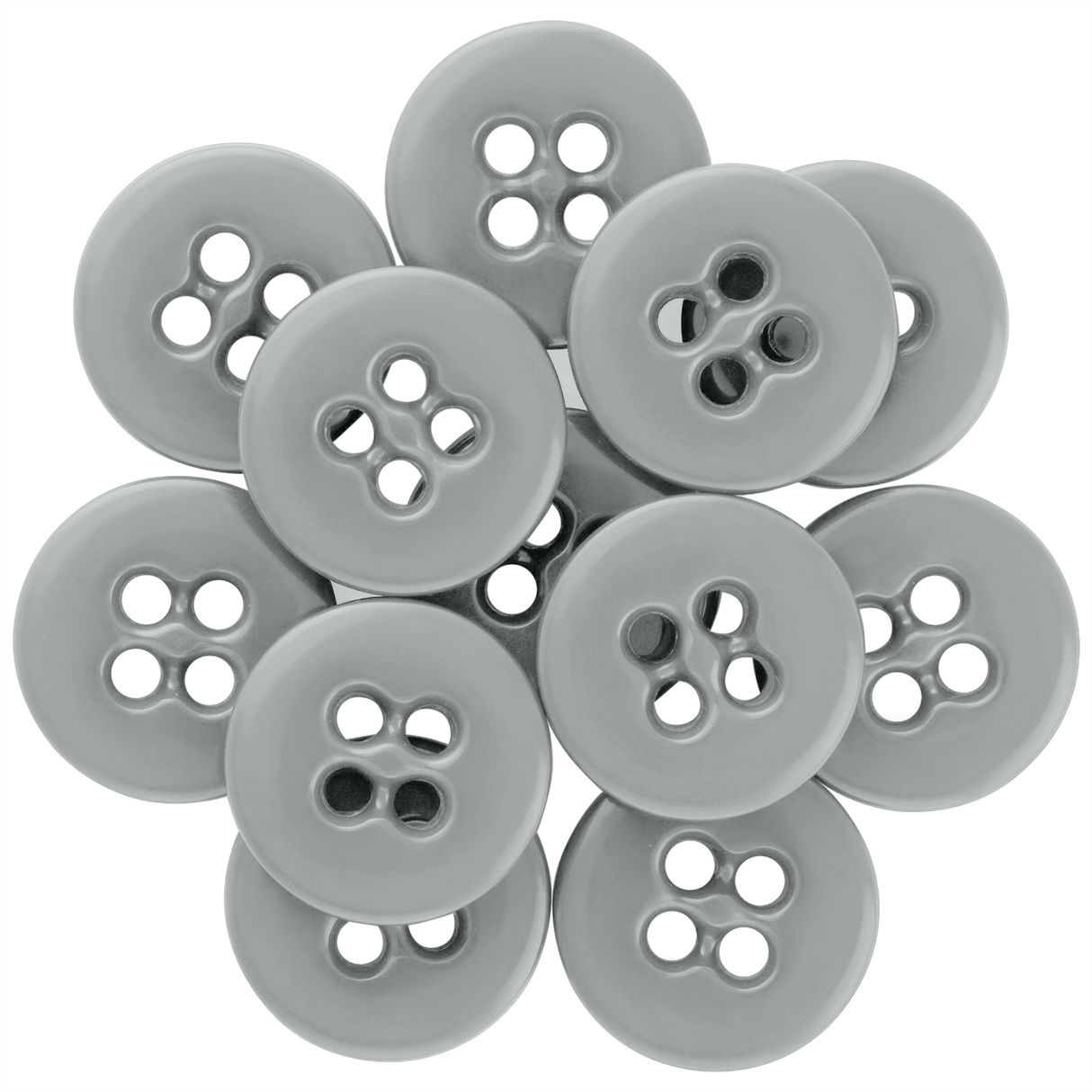 A cluster of Suspender Brace Pant Buttons, gray four-hole style, arranged in a circular overlapping pattern on a white background.