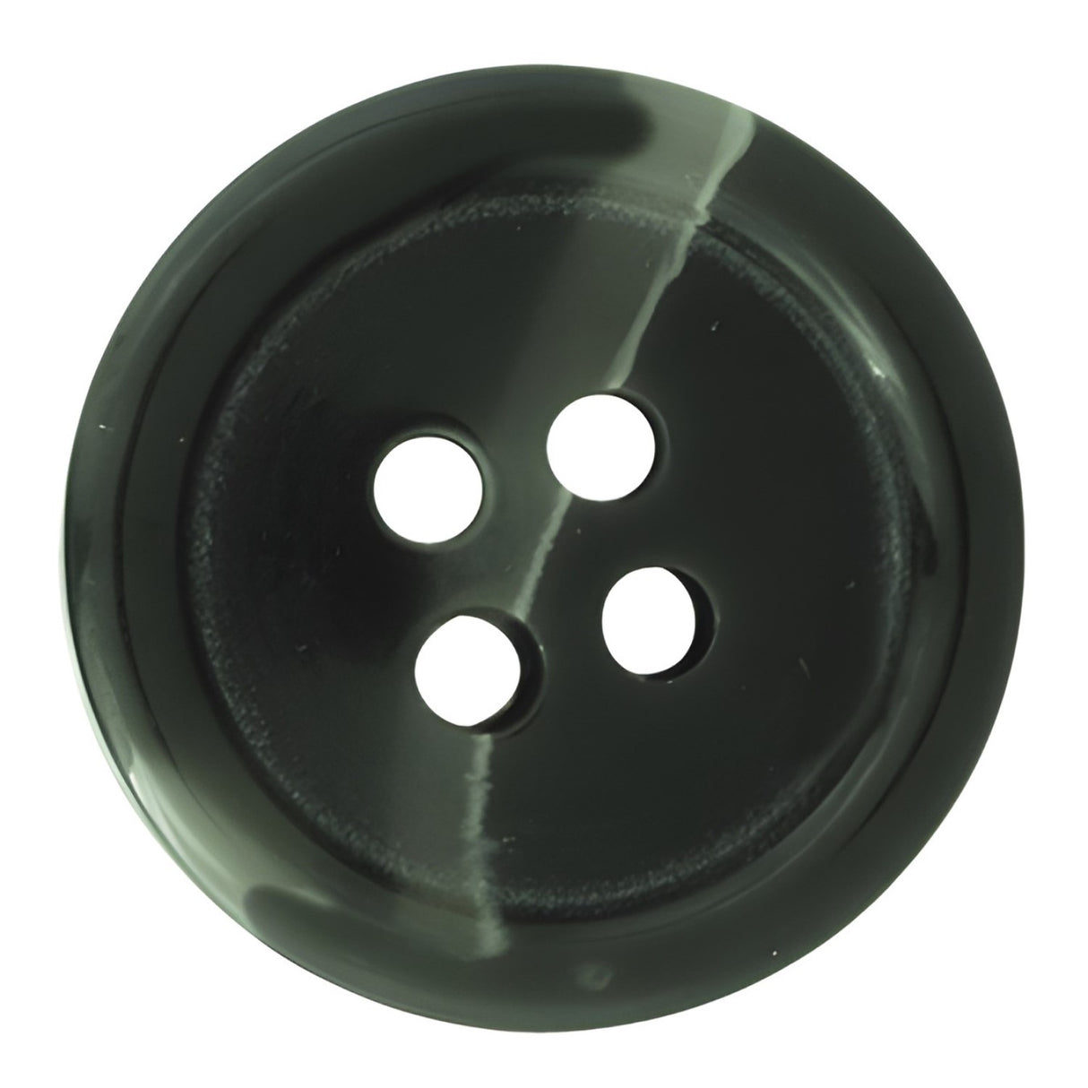 Standard Suit Buttons: Black, round with four holes and a subtle white streak—perfect as replacement buttons for a black blazer.