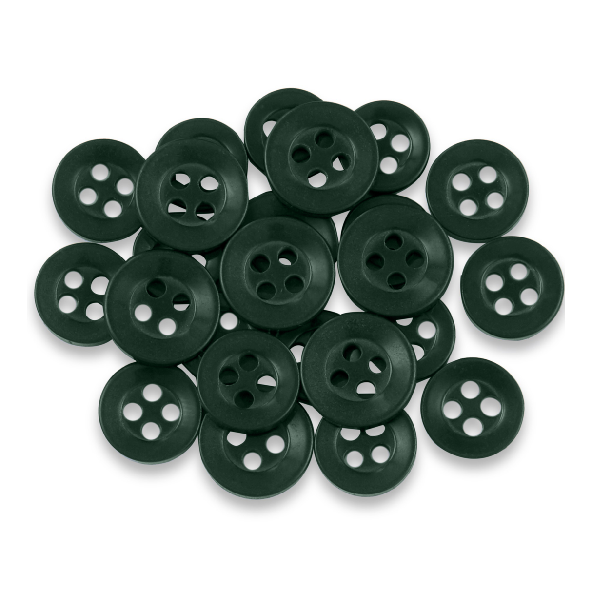 Replacement Shirt Buttons—durable, dark green, four-hole design—are neatly arranged on a white background, making them an ideal addition to any tailor's kit.