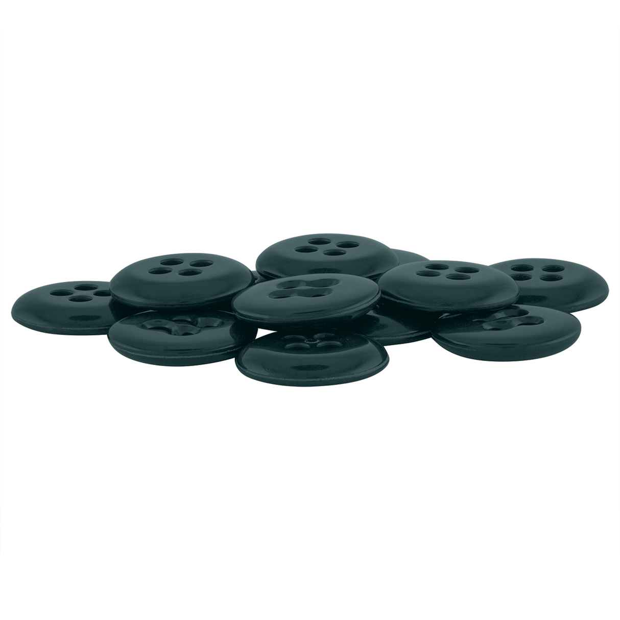 A pile of Suspender Brace Pant Buttons, black with four holes, is arranged on a white background.