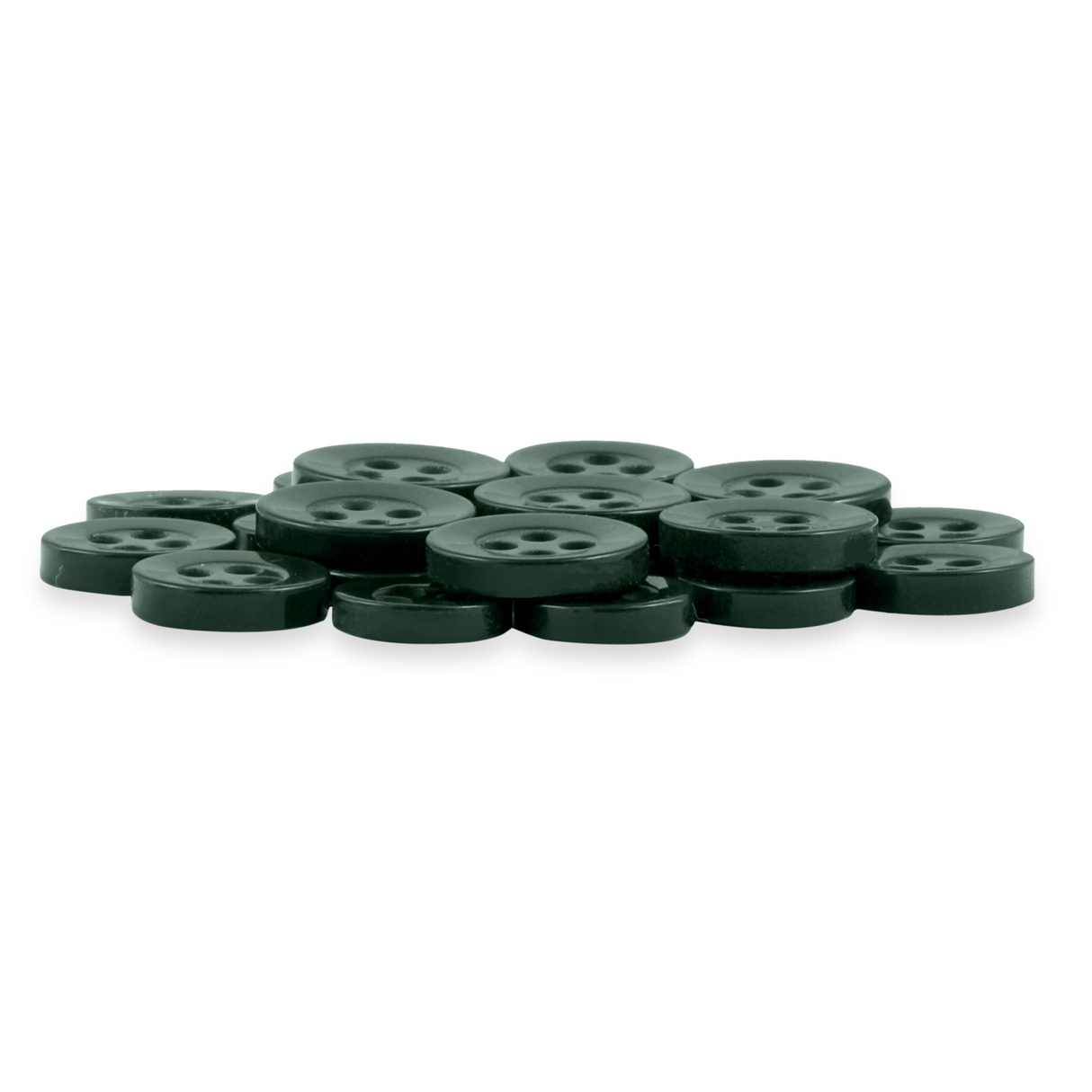 A pile of Replacement Shirt Buttons in dark green, round, four-hole poly-nylon, displayed on a white background—an ideal addition to any tailor's kit.