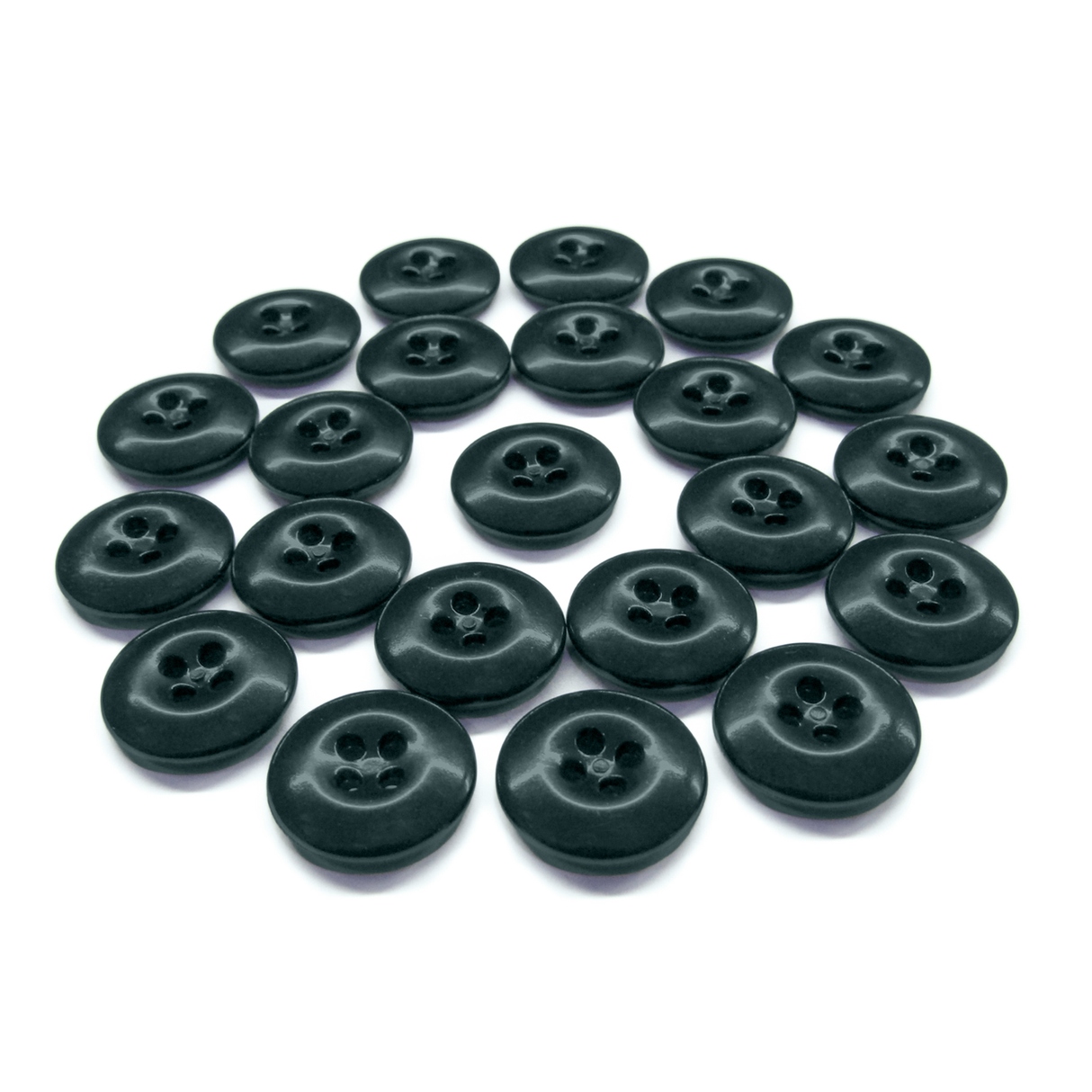 Twenty-four Work Pants Buttons, black and military-grade, are arranged in a circular pattern on a white background.