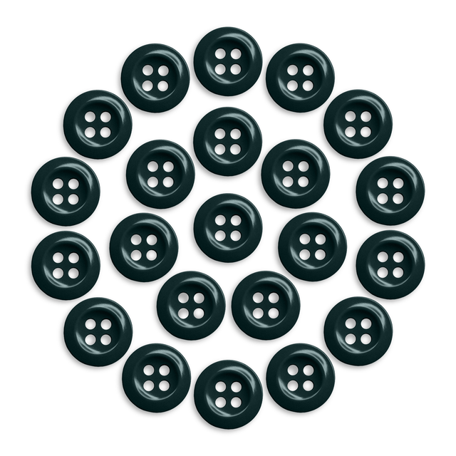 Twenty black Work Shirt Buttons, military spec, each with four holes arranged in a circular pattern, displayed on a white background.