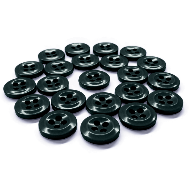 A set of Work Shirt Buttons in dark green, military spec style with four holes in a circular pattern displayed on a white background.
