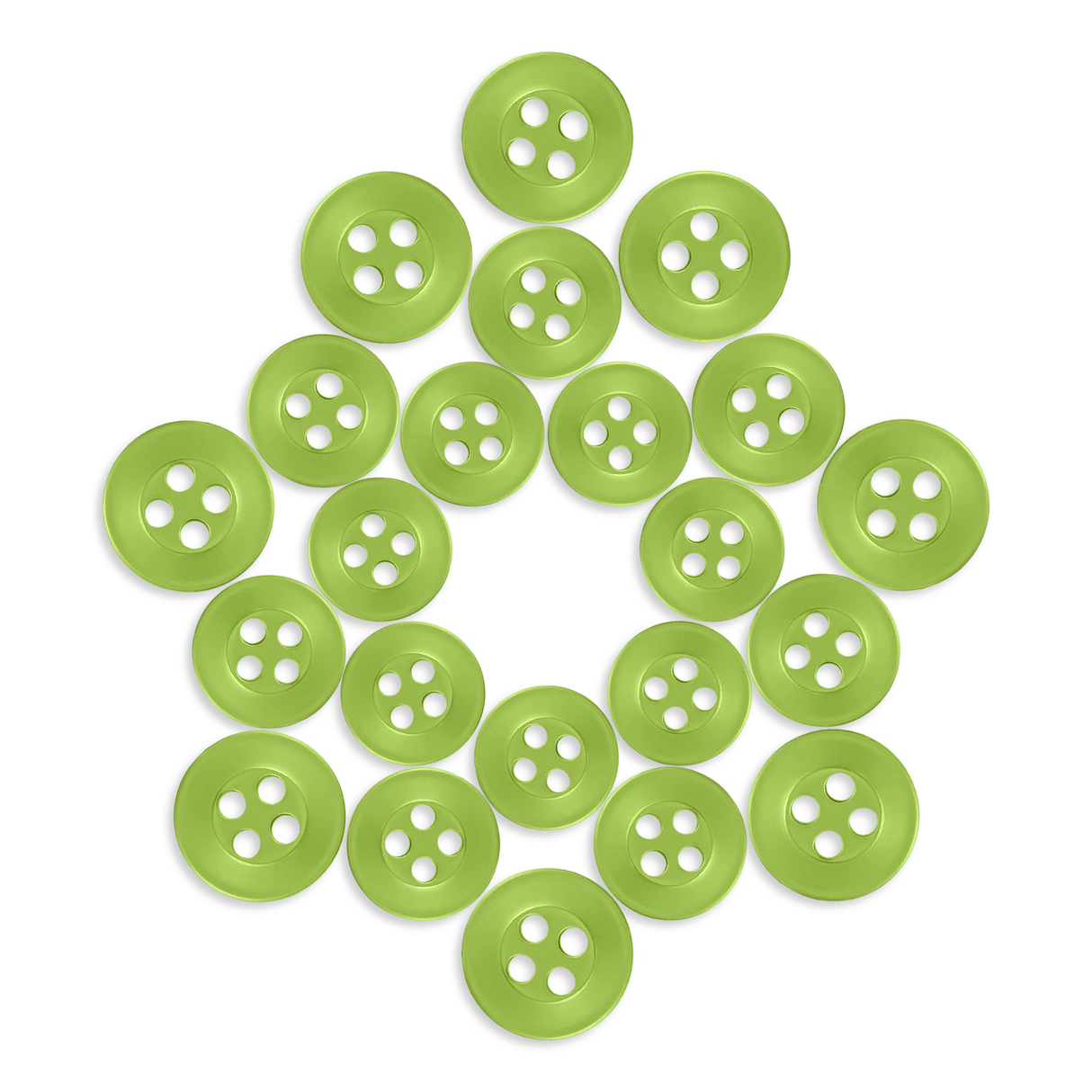 Twenty-four Replacement Shirt Buttons in green poly-nylon are arranged in a star shape on a white background.