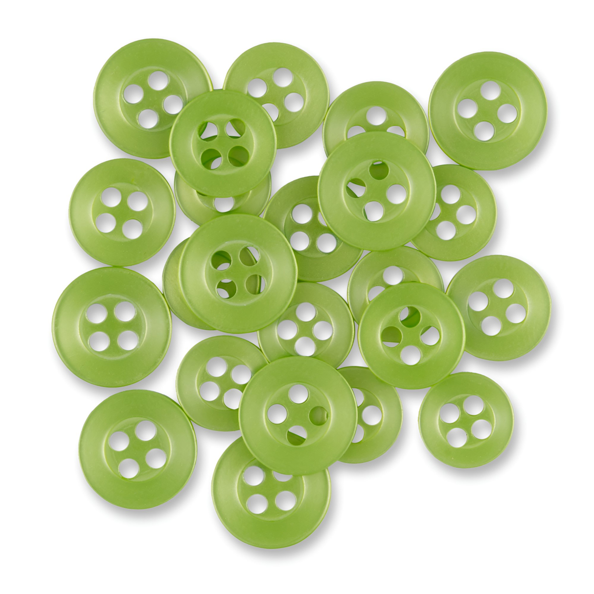 A pile of green Replacement Shirt Buttons, valued for their durability, scattered on a white background—ideal additions to any tailor's kit.