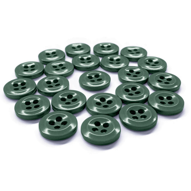 Several Work Shirt Buttons, green, round, and with four holes in military spec style, arranged in a circle on a white background.