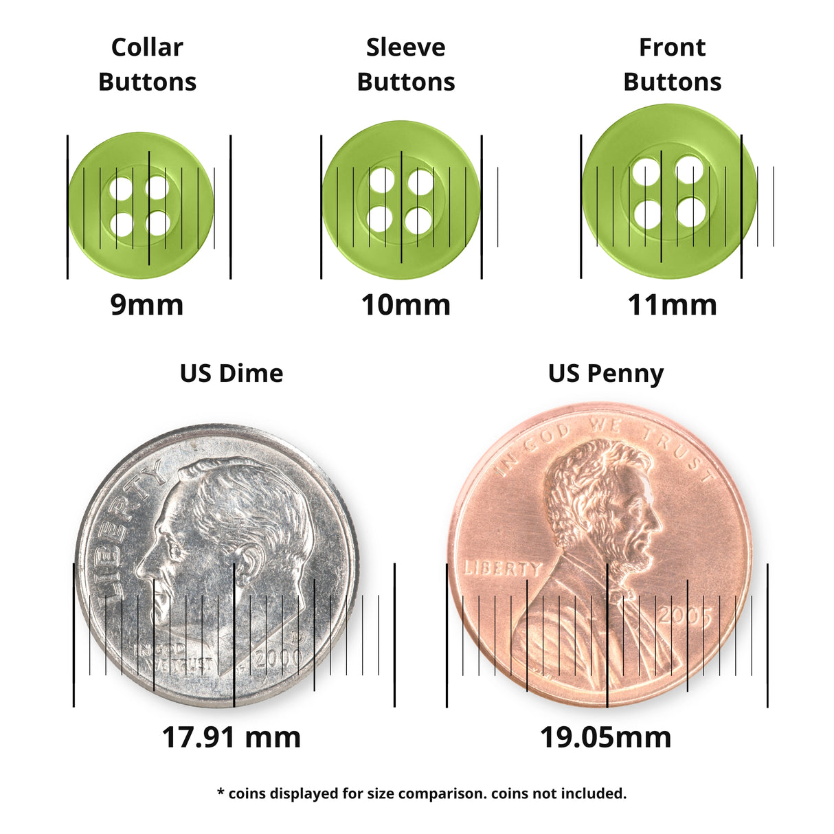 Replacement Shirt Buttons in green poly-nylon, available in 9mm, 10mm, and 11mm sizes; shown next to a US dime and penny for scale—durable choices perfect for any tailor's kit.
