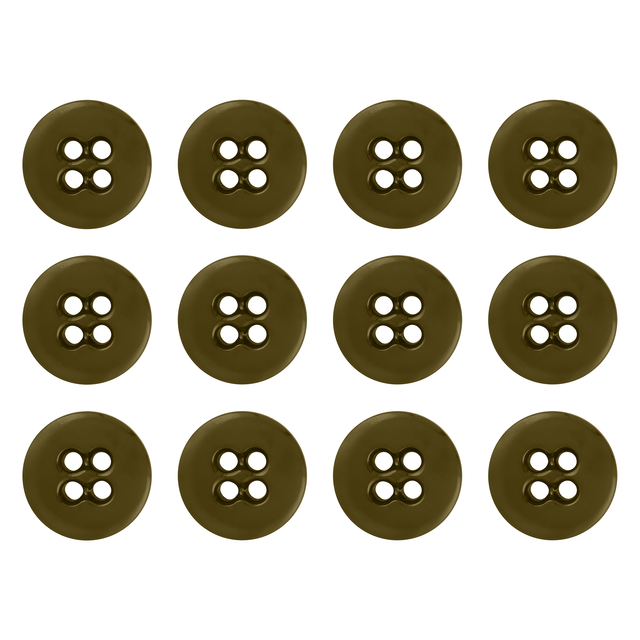 Twelve Suspender Brace Pant Buttons, brown with four holes, are arranged in a grid pattern on a white background.