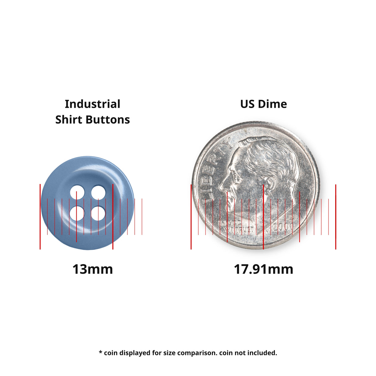 A blue 13mm Work Shirt Button is shown beside a 17.91mm US dime for size comparison.