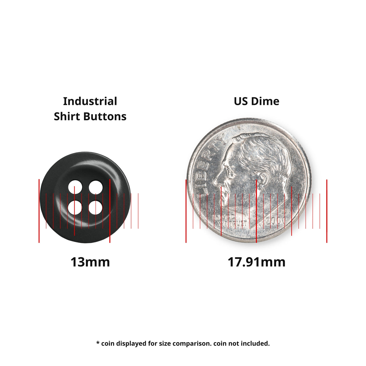 Work Shirt Buttons (13mm), perfect for replacing work shirt buttons, are shown next to a US dime (17.91mm) for size reference, with labeled measurements.