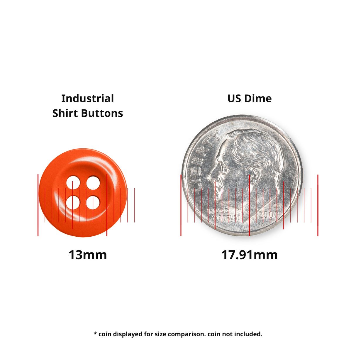 A 13mm orange Work Shirt Button is shown next to a US dime (17.91mm) for size comparison.