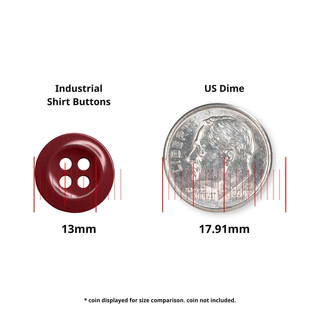 Work Shirt Buttons (13mm) shown next to a US dime (17.91mm) for size comparison; dime not included.