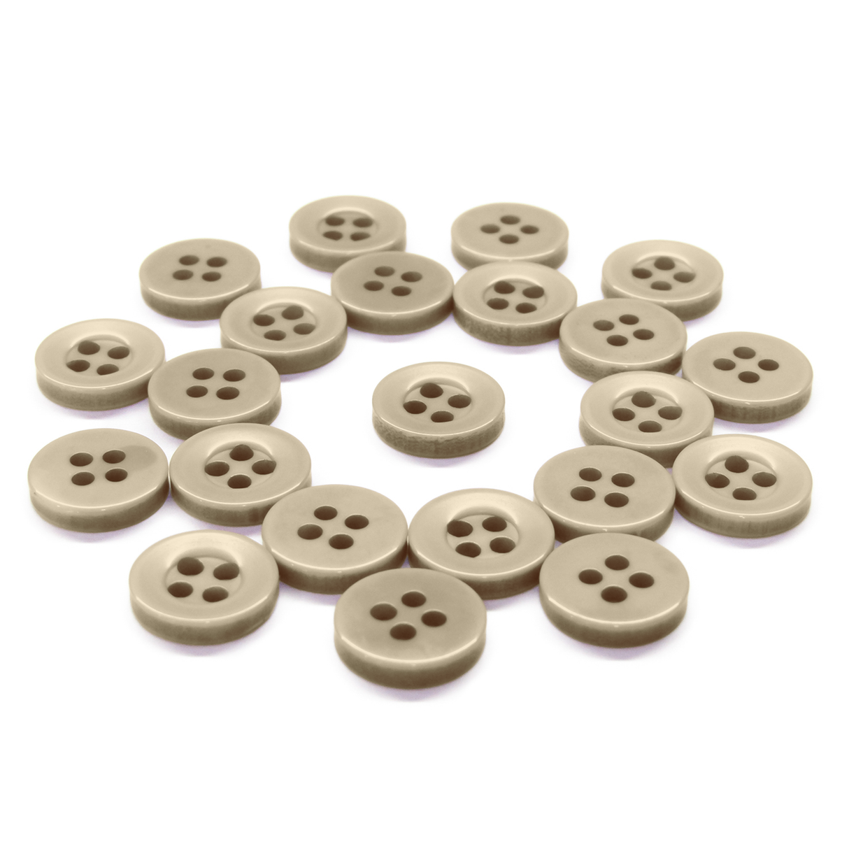 A set of beige Workshop Uniform Shirt Buttons with four holes, displayed on a white background.