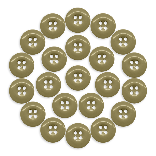 Twenty-two olive-green Work Pants Buttons arranged in a neat circle on a white background.