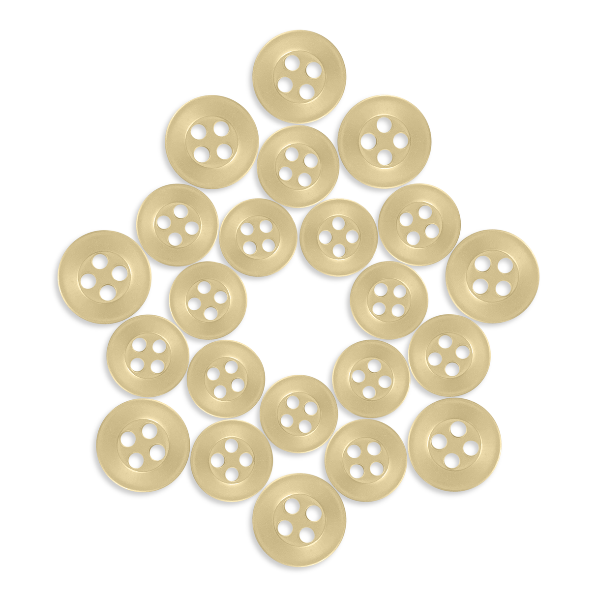 Twenty-four Replacement Shirt Buttons, made from durable poly-nylon, are arranged in a diamond shape on a white background—ideal for adding to any tailor’s kit.