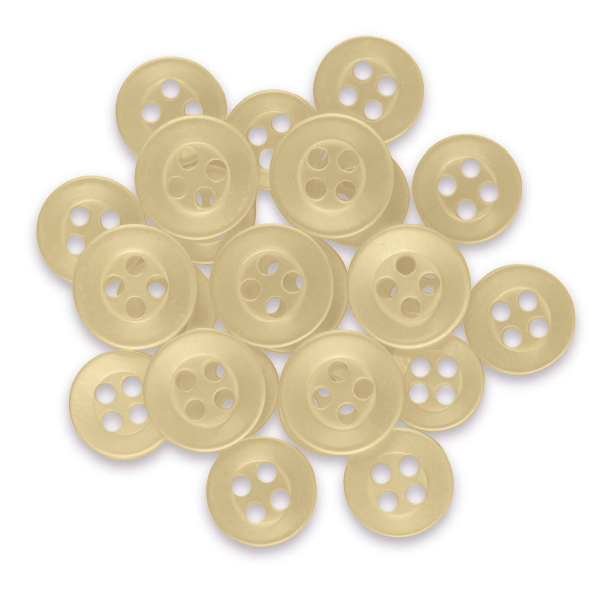 A pile of Replacement Shirt Buttons, small, round, and cream-colored, is scattered on a white background.