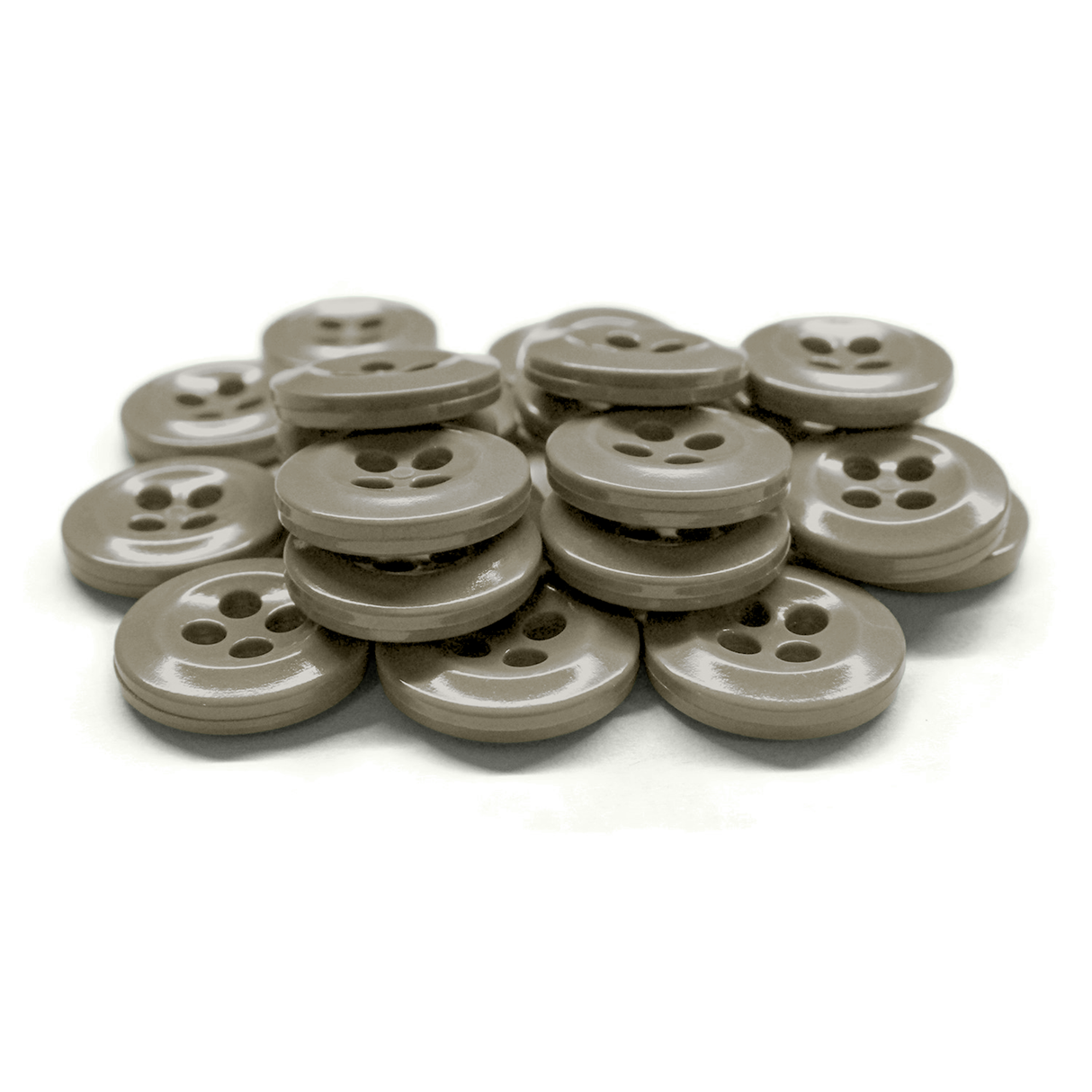 A stack of round, gray Work Shirt Buttons with four holes is displayed on a white background.