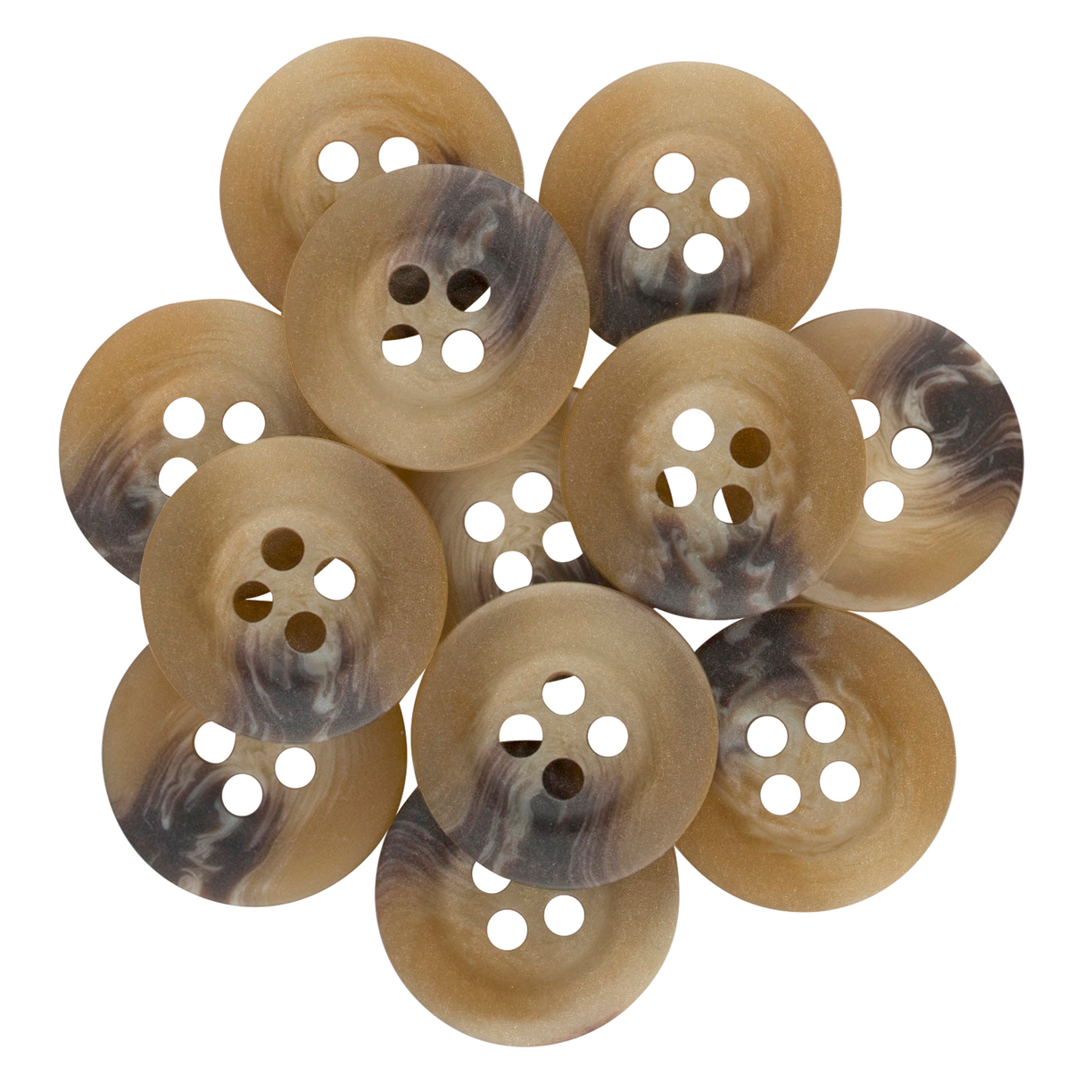 A stack of brown marbled Khakis, Chinos and Casual Cotton Pant Buttons with four holes on a white background—perfect replacement buttons for trousers or khakis.