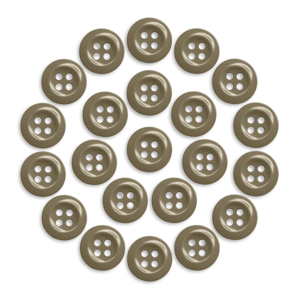 Twenty-four Work Shirt Buttons in brown are displayed in a circular pattern on a white background.