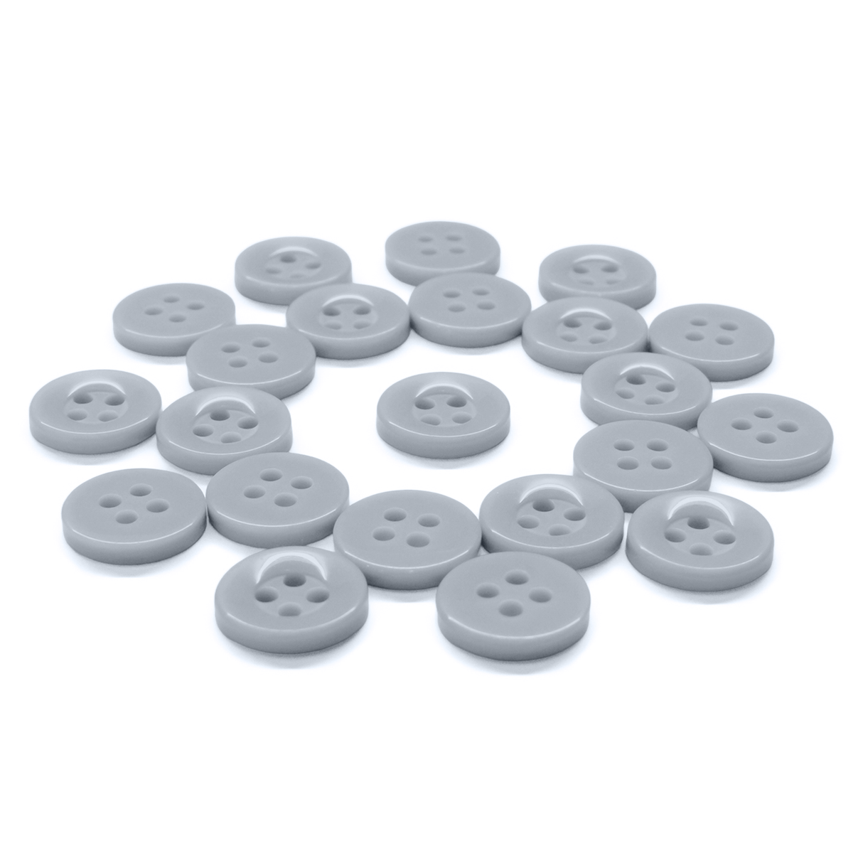A set of Workshop Uniform Shirt Buttons, gray and round with four holes, arranged loosely on a white background.