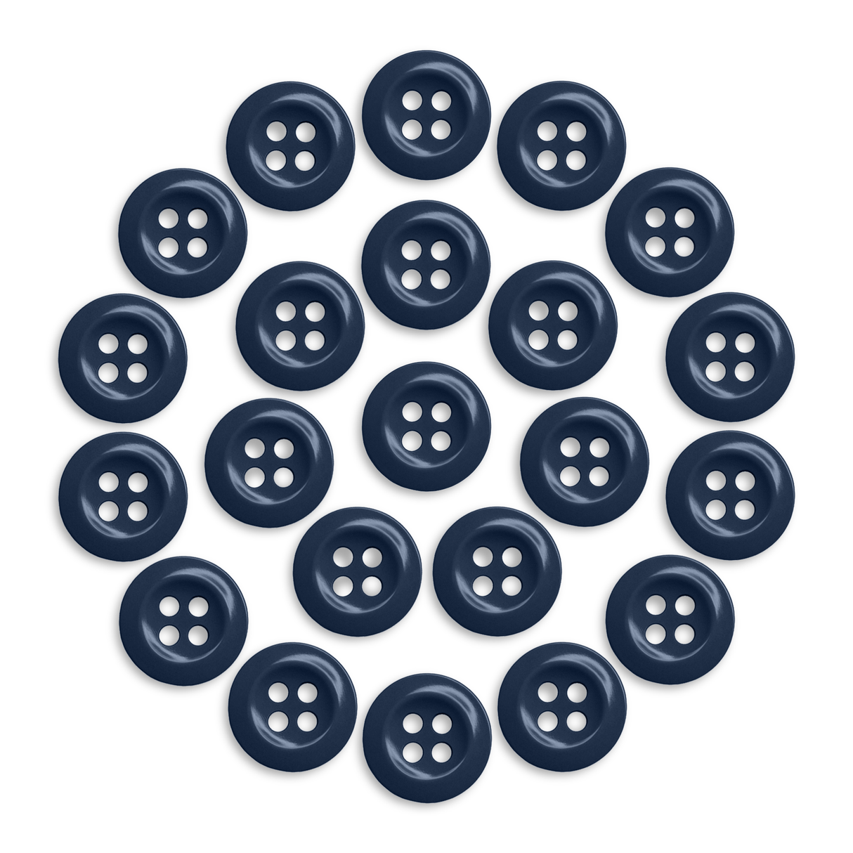 A circle of evenly spaced Work Shirt Buttons, each navy blue with four holes, displayed on a white background.