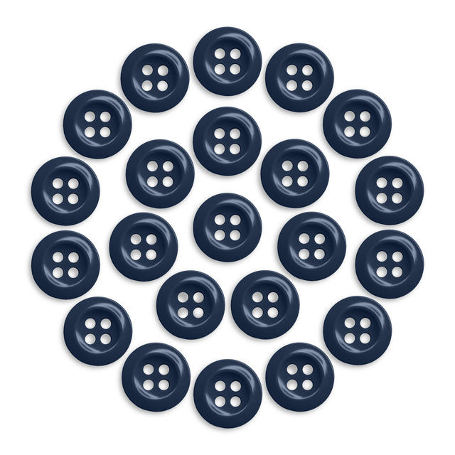 A circle of evenly spaced Work Shirt Buttons, each navy blue with four holes, displayed on a white background.