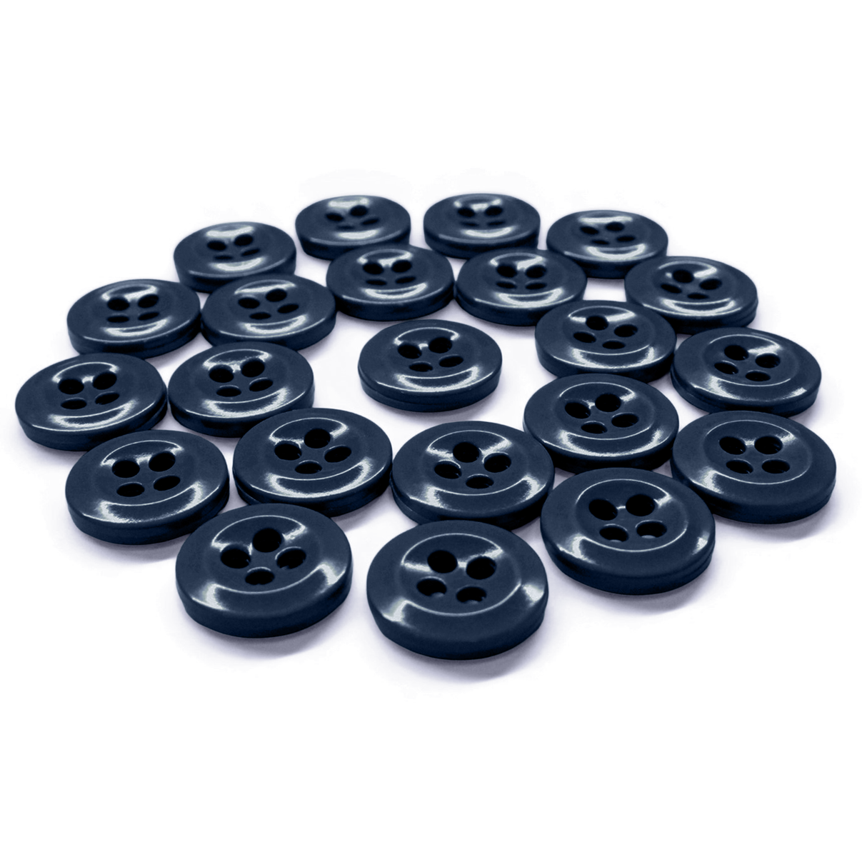 Work Shirt Buttons in dark blue, military spec, are arranged in a semi-circle on a white background.