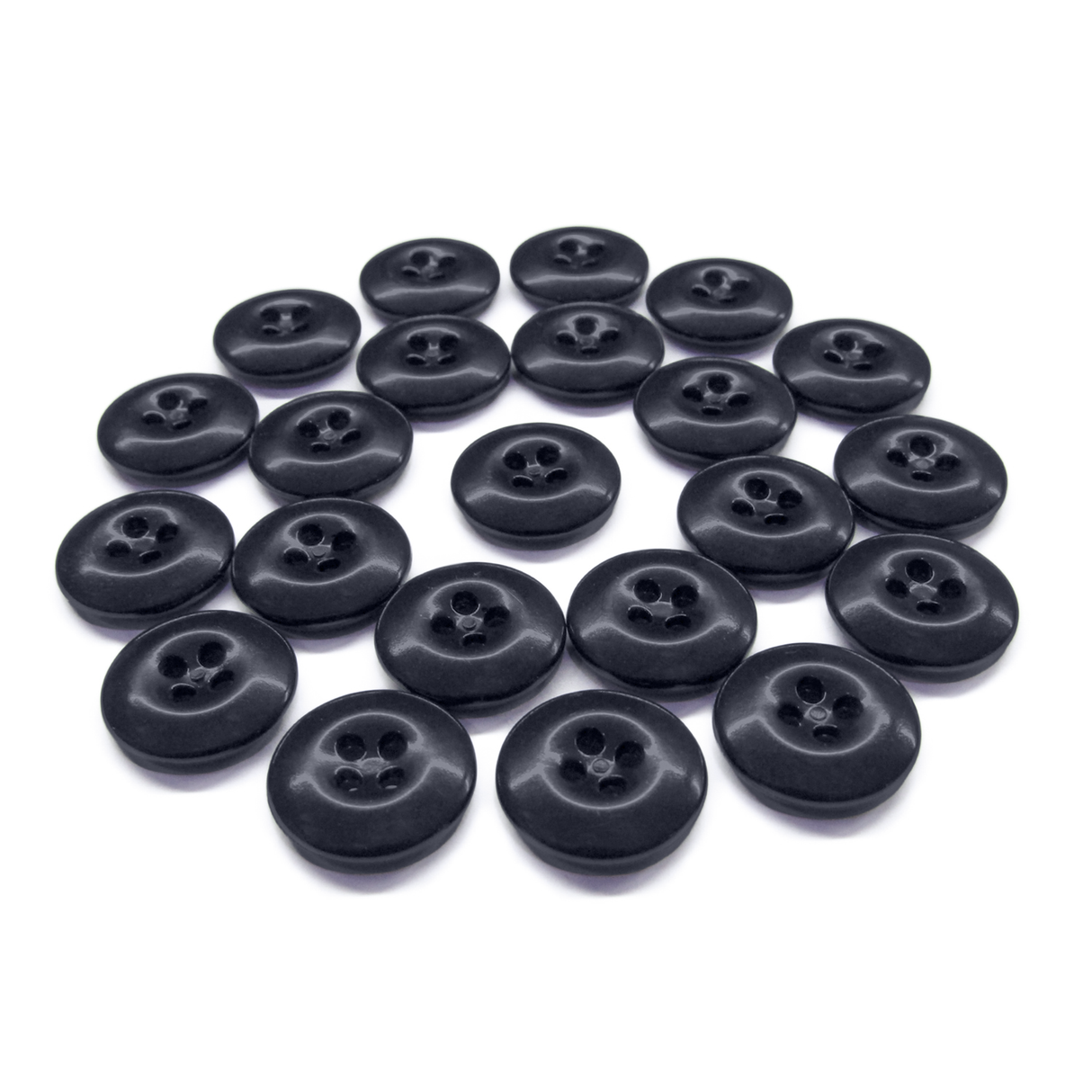 A set of round, black Work Pants Buttons featuring four holes in a classic pattern, displayed on a white background.
