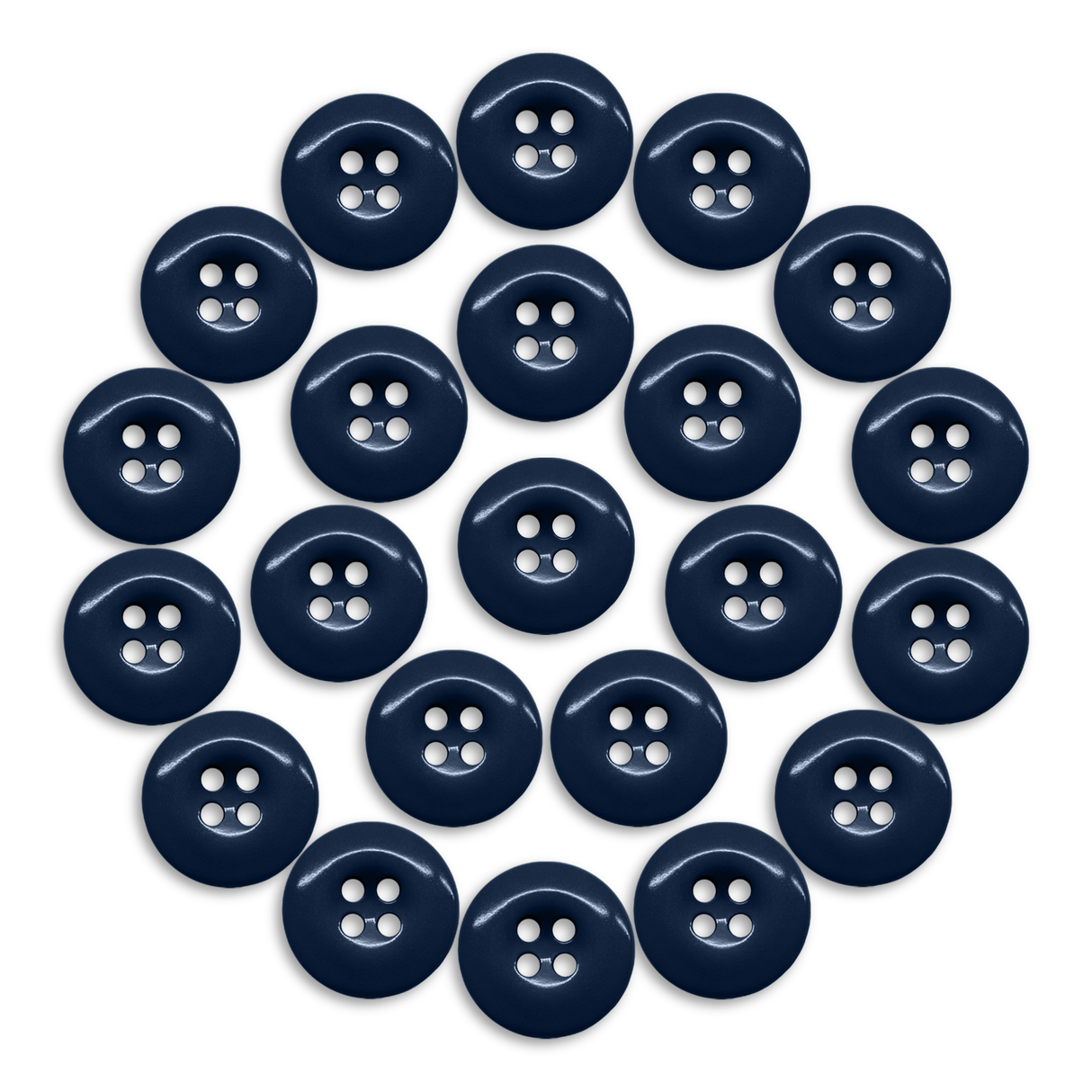 Twenty-two Work Pants Buttons, dark blue and industrial style, are arranged in a circular pattern on a white background.