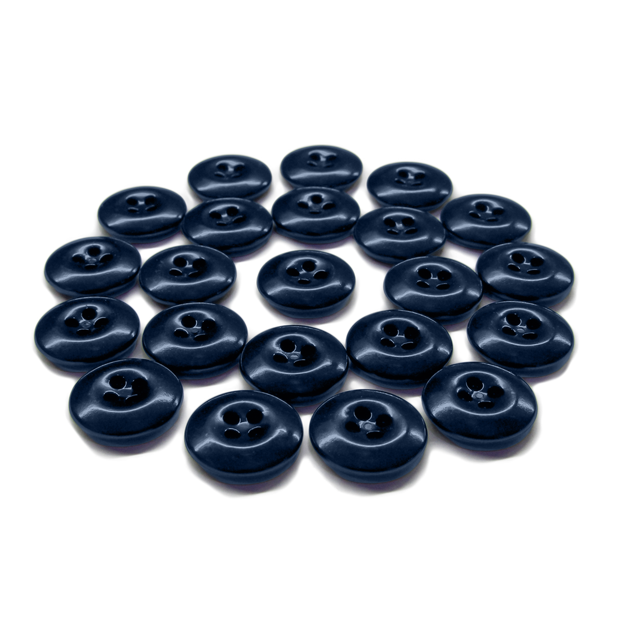 Twenty-four Work Pants Buttons in dark blue, military-grade quality, arranged neatly in a circular pattern on a white background.