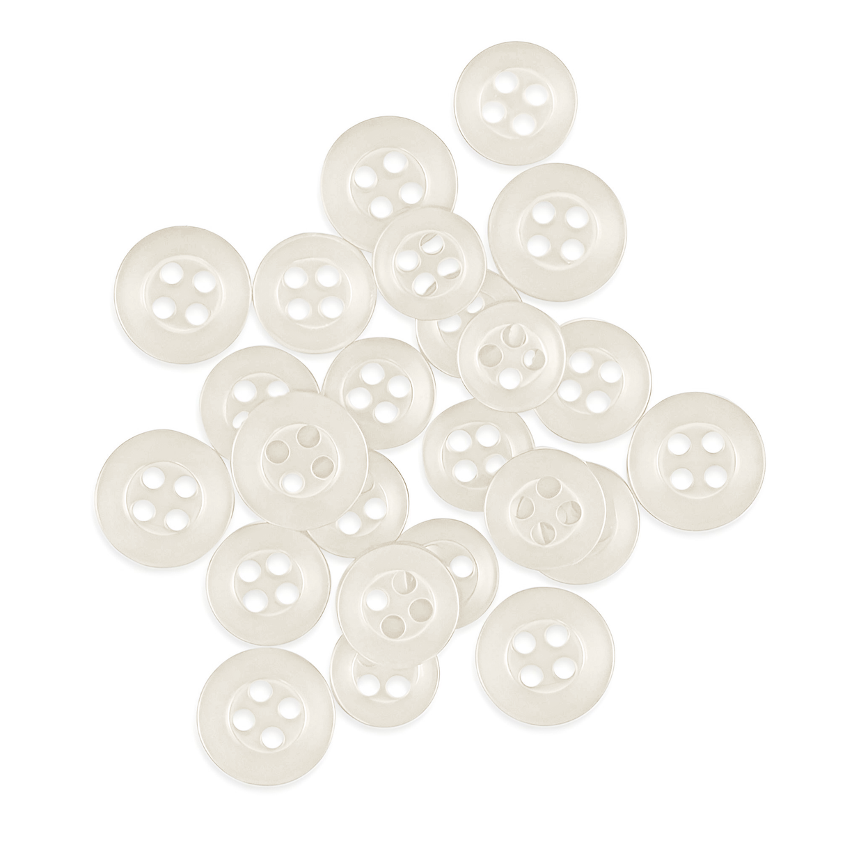 A pile of small, round, white Replacement Shirt Buttons from a tailor’s kit is scattered on a white background.