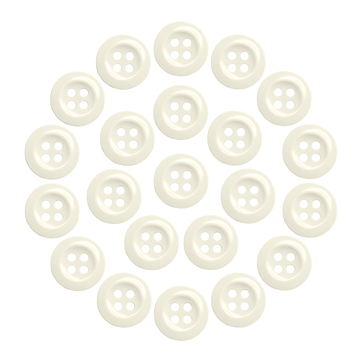 Twenty-two Work Shirt Buttons in cream color are arranged in a circular pattern on a white background.