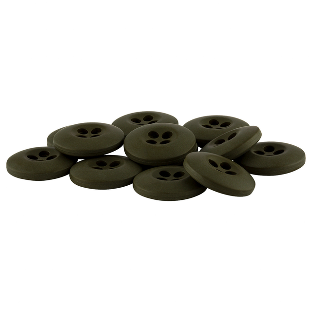 A pile of dark green Tactical Buttons with four holes is scattered on a white background.